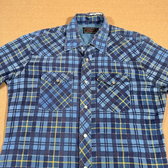 Vintage Pearl Snap Western Shirt Blue Plaid Long Tail Distressed Faded Flannel - Picture 3 of 8